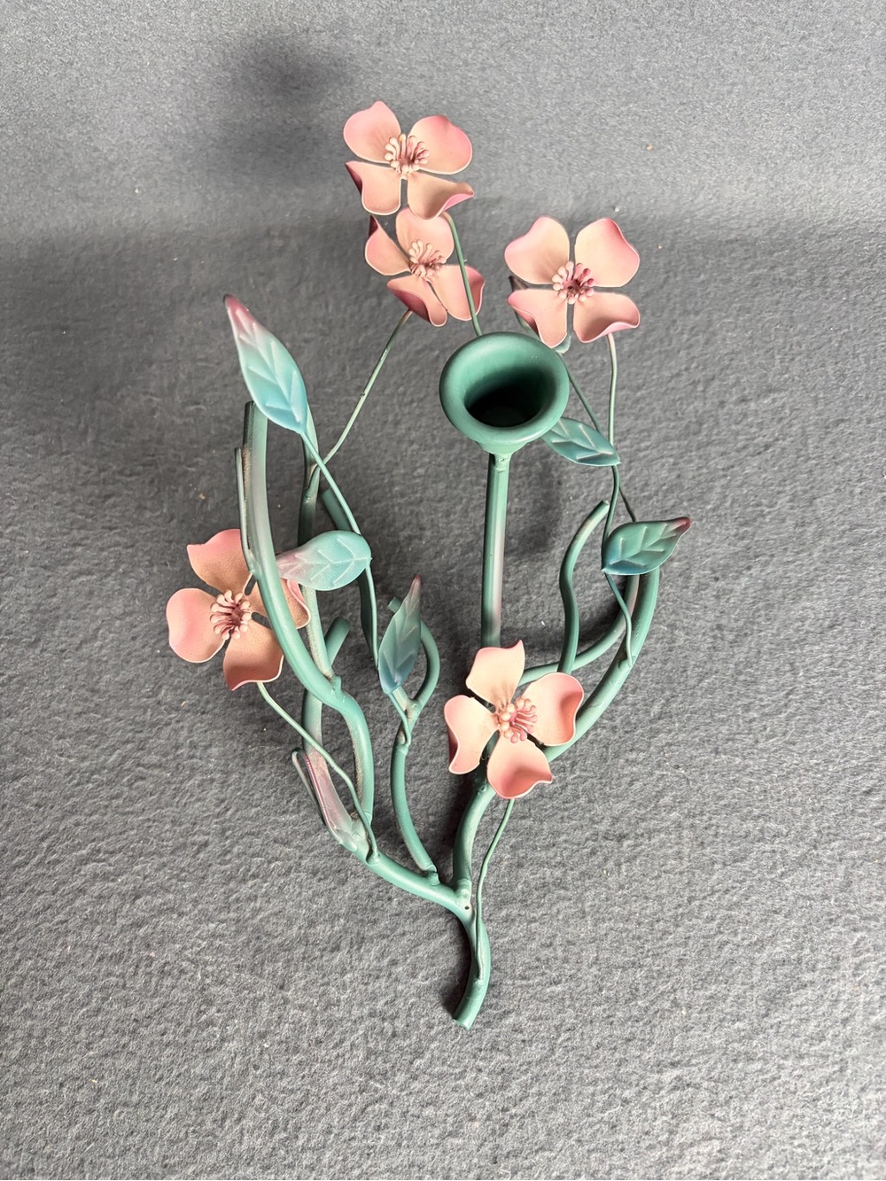 Vintage Retro Green Teal Metal Floral Dogwood Branch Tabletop Taper Candleholder